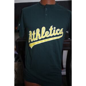 Vintage Majestic Athletics Baseball Henley Jersey Tee #1 – Green & Yellow Size S